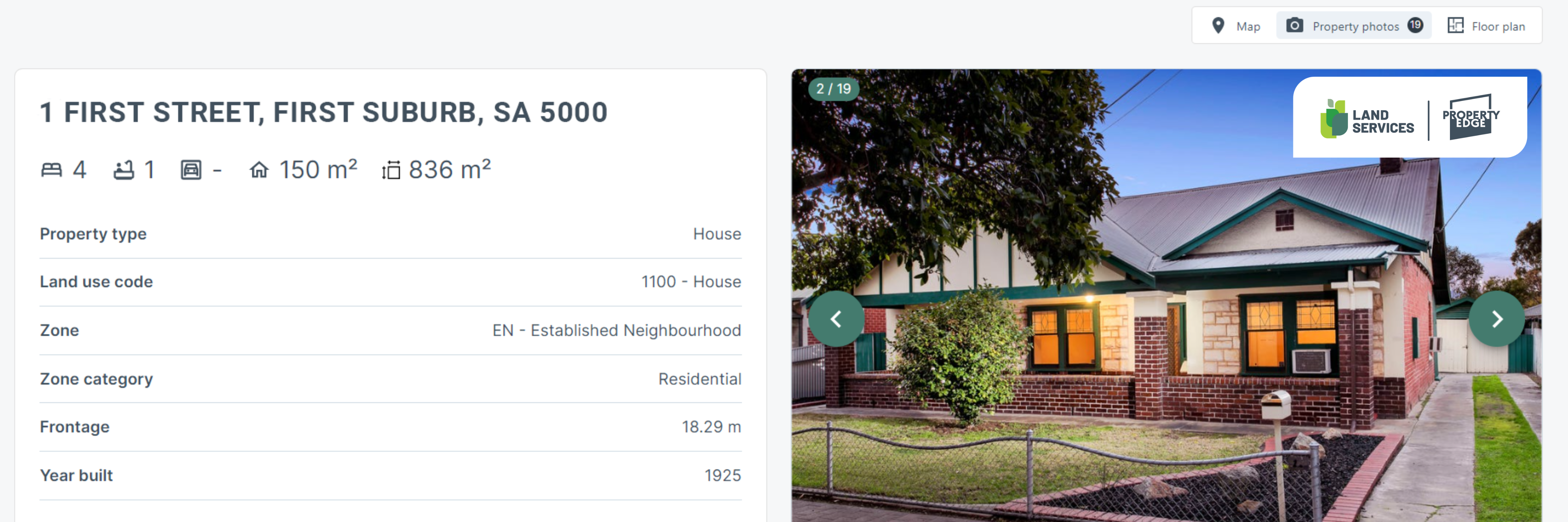 A real estate listing screenshot for a 4-bedroom house at 1 FIRST STREET, with a photo showing a vintage brick house with green trim, a gabled roof, and a fenced front yard.